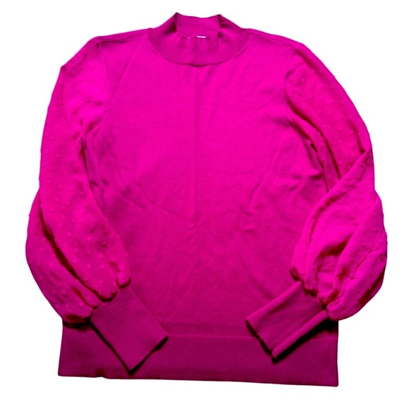 CeCe XS Fuchsia Mock Neck Sweater Sheer Dotted Puff Sleeve Statement Top - Picture 1 of 4